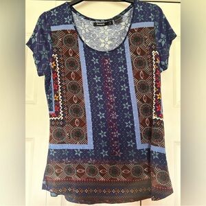 Desigual Blue and Red Patterned Short Sleeve Top